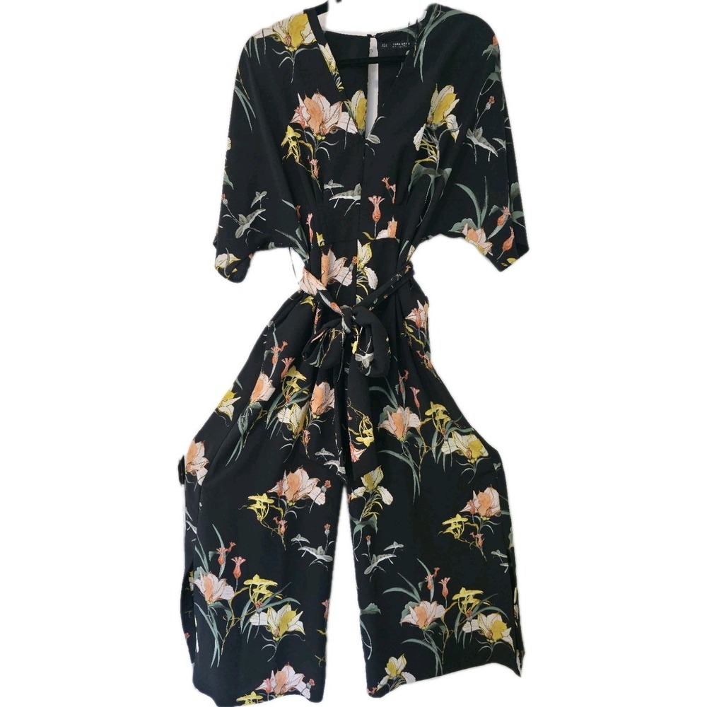 Zara Basic Floral Wide Leg Jumpsuit Black Boho Culotte Size S